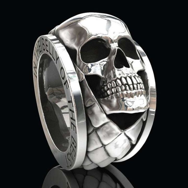 แหวนผู้ชายทรงกะโหลกกลไกทำจากสังกะสีอัลลอยแหวนฝังเงินลมสไตล์พังก์ป๊อปยุโรปและอเมริกา