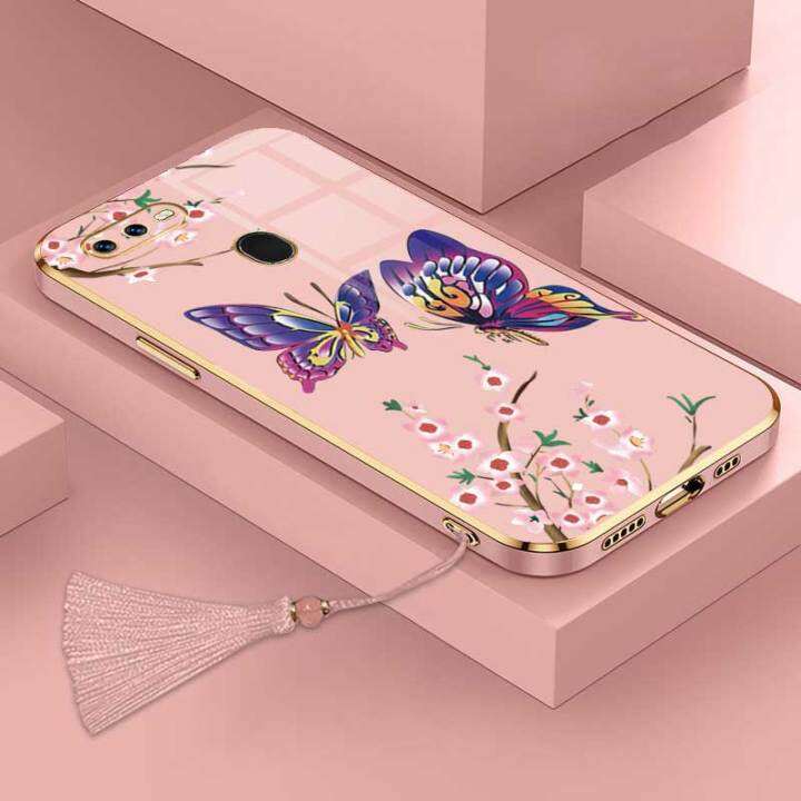 เคสสำหรับโทรศัพท์-oppo-a7-oppo-a12-oppo-a11k-a5s-oppo-ผีเสื้อสวยหรูหราพร้อมกล้องดอกไม้เคสโทรศัพท์ขอบชุบเคสนิ่มซิลิโคนพร้อมฟรีสายคล้อง