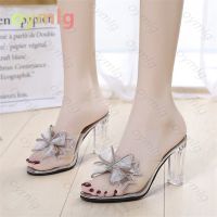 Slippers womens super high heel thick heel rhinestone bow transparent sandals 2021 new women shoes women mujer purple