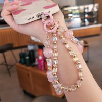 Mobile Phone Lanyard Short Handmad Wrist Bracelet Womens Clip Style Double Chain Crystal Beads Phone Case with Anti Loss Sling Phone Charms