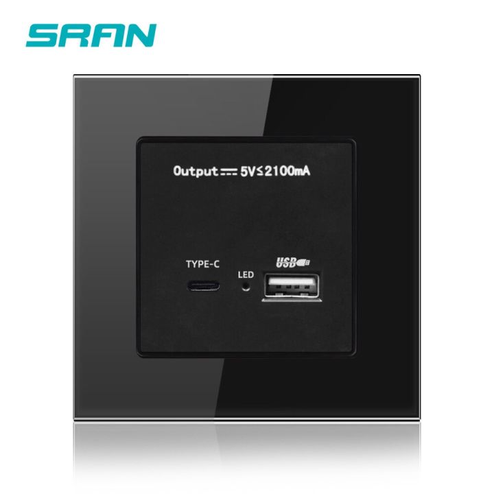 sran-2-port-usb-with-type-c-wall-outlet-5v-2-1a-output-with-led-indicator-for-phone-computer-charge-tempered-glass-panel-86-86mm