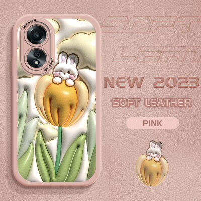 GGK เคสสำหรับออปโป้ A58 4G A78 4G แบบบางเคสหลังหนังลายการ์ตูนรูปกระต่ายดอกไม้สามมิติเคสนิ่มทำจากซิลิโคน PU ปกหนังโทรศัพท์