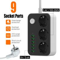 ♝ 6 USB Chargers 9 In 1 USB Power Strip Universal 3 AC Power Adapters Outlets 5V 3.4A EU Plug 100-250V Socket Ports Extension