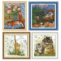 ┅♈ Joy Sunday Cat on The Windowsill Cross Stitch Kits Stamped Printed 11CT 14CT Counted Print Crafts Kit Embroidery Needlework Sets