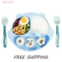 Baby Plates Spoons Forks Bib Bowls Tableware Set Soft Silicone Non-slip Cute Feeding Kit for Kids  BPA Free Easy To Clean Dishes Bowl Fork Spoon Sets