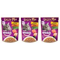 Whiskas Tasty Mix เพาว์วิสกัส แมวโต 70 กรัม ไก่ พร้อมปลาแซลมอน สาหร่ายวากาเมะในน้ำเกรวี่ x3 ซอง