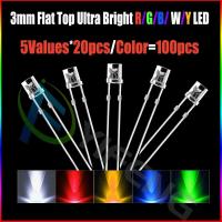 20pcs x 5 Colors = 100pcs 3mm 2pins Flat top White Red Yellow Blue Green Wide Angle light emitting diode lamp LEDElectrical Circuitry Parts