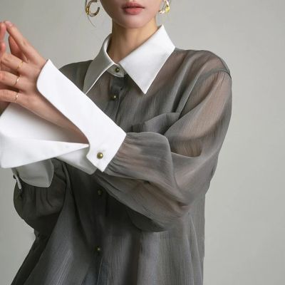 ‘；’ MEXZT Vintage Blouses Women Elegant Sun Proof Sheer Long Sleeve Shirts Office Lady Korean Patchwork Loose Casual Sunscreen Tops