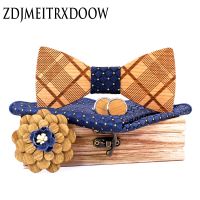 ZDJMEITRXDOOW MENS GRAID WOODEN BOW TIE WHITE CUFFLINKS BROOCH POCKET SQUARE SET Geometric strips WOOD TIES DORP SHIPPING