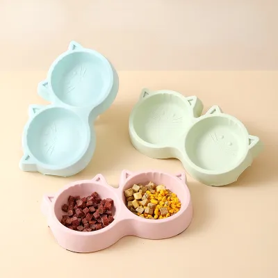 Pet Cat Double Bowl Eco-friendly PP Material Cartoon Cat Face Shape Food Water Feeding Bowl Non-slip Puppy Cat Feeder Supplies