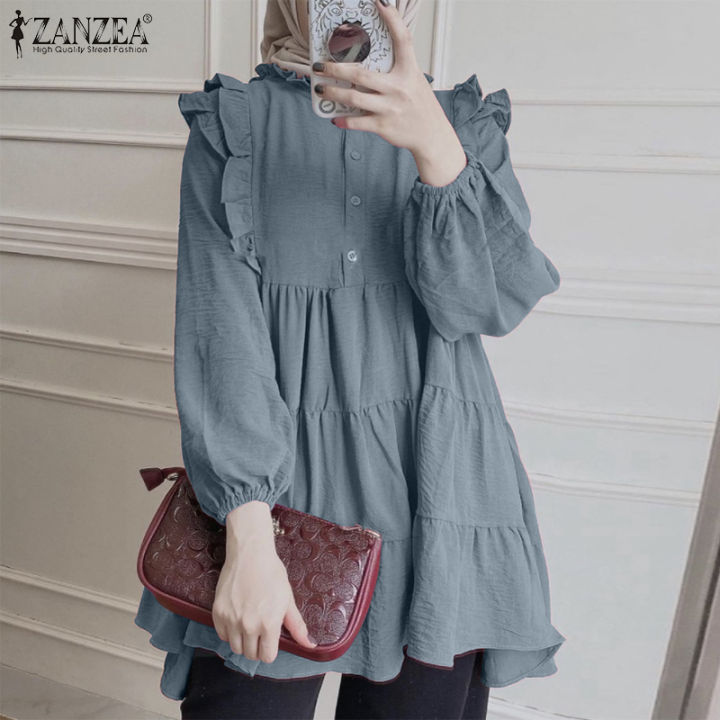 สินค้ามาใหม่-จัดส่งฟรี-fancystyle-zanzea-เสื้อสตรีมุสลิมชั้นเสื้อมีจีบ-เสื้อแต่งระบายทรงหลวมลำลองแขนยาว