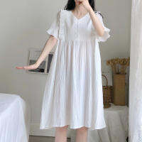 ผ้าฝ้าย Nightgowns สำหรับผู้หญิงแขนสั้น Jacquard ยาวกระโปรงชุดนอนคอวีฤดูร้อนบาง Homewear