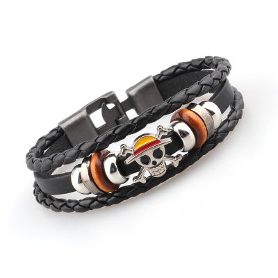 Japanese Anime Skeleton Charm Bracelet Wooden Beaded Multi-layer Leather Bracelet Punk Black Wrap Fan Wristband Accessories