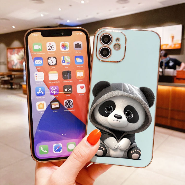 เคสโทรศัพท์สำหรับ-oppo-a58-4g-เคส-oppoa58สำหรับเด็กหญิงเด็กชายพร้อมฟรีสายคล้อง-การ์ตูนแพนด้าน่ารักปลอกขอบสี่เหลี่ยมชุบหรูหราปกหลัง