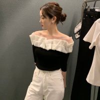 [COD] French style collar strapless short-sleeved T-shirt women 2022 new summer self-cultivation slim ruffled short top