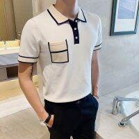 Summer Mens Ice Silk Short-Sleeved Polo Shirt Korean-Style Slim Fit Small Pocket Knitted Lapel T-shirt British Stylish Men Half-sleeved T-shirt