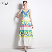 Womens Strap Summer New Fashion Print Stitching a-Line Long Dress