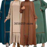 ชุดกิโมโนโกว2ชุดมุสลิมรอมดอน Unwanita Dubai Buka Turki Maroko Kaftan Arab Jubah Gaun Pesta Jalabiya