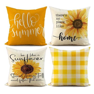 Summer Pillow Covers 18X18 Set of 4 Farmhouse Throw Pillows Summer Decorations Sunflower Cushion Case