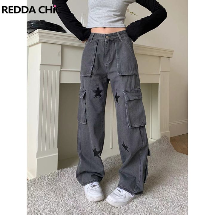 Reddachic cyber y2k queimado calças de brim feminino cintura alta azul  cinza estiramento denim casual bootcut calças raw hem coreano moda  streetwear