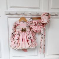 3PCS Baby Girl Autumn Winter Pink Rose Floral Vintage Spanish Lolita Princess Gown Dres with Pants Hat Girl Birthday Christmas