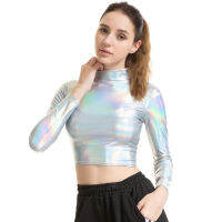 Women Metallic Liquid Turtleneck Long Sleeve Crop Top for Rave Club Dance Wet Look Short Holographic T-shirt Cropped Top