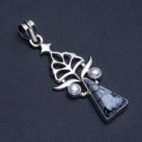 Natural Snowflake Obsidian and River Pearl Boho Style 925 Sterling Silver Pendant 2" R0965