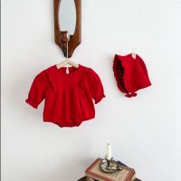 、‘】【= Baby Clothes Autumn Baby Girl Bodysuit Red Hundred Days Full Moon Princess Jumpsuit+Cap Infant Clothes Newborn Outfits E66