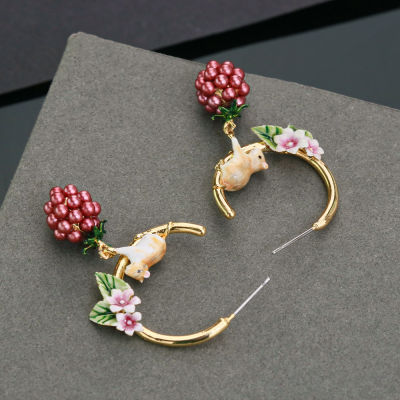 Mori Cute Little Hamster c-Shaped Earrings Enamel Earrings Flower Earrings Wholesale Jewelry For Woman Trend