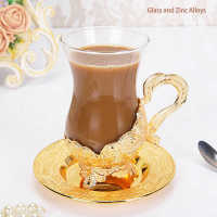 Gold Coffee Cups European Beautifully Carved Coffee Cup Elegant Retro Zinc Alloy Teacup with Saucer for Bar Tea Table