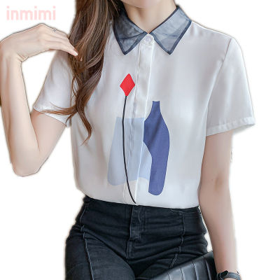 REHIN Printed short-sleeved chiffon shirt unique personality simple design slim and thin women blouse summer new Korean fashion tops