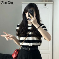 Zhu Xia เสื้อสเวตเตอร์แขนสั้นผู้หญิง,เสื้อยืดแขนสั้นแบบเกาหลีเสื้อกันหนาวลายทาง