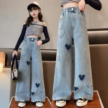 Teenage Girls High Waist Wide-leg Jeans Loose Soft Denim Pants