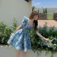 COD Hot Sale / 22427Blue Floral Dress Womens New Design Light Luxury Palace Temperament Waist Puffy Short Skirt