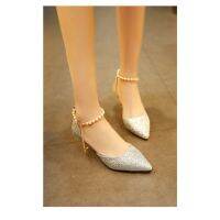 Women Pumps High Heels Shoes Elegant Shining Wedding Dinner Pearl Chain