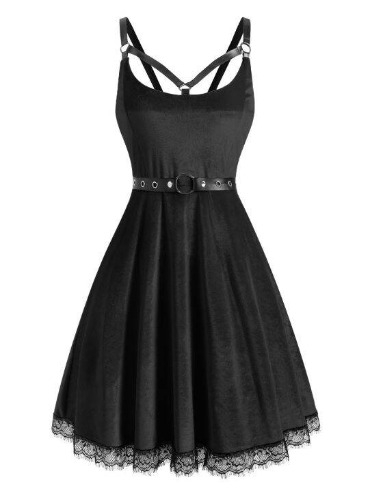 women-lace-lvet-caged-a-line-punk-plus-size-chains-belt-knee-length-dress-vintage-sleeveless-solid-casual-swi-party-dresses