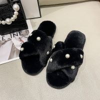 Autumn Winter Women Plush Slipper Thick Bottom Hollow Pearl Faux Fur Slippers Fashion Home Rubber Sole Non-slip Cotton Shoes