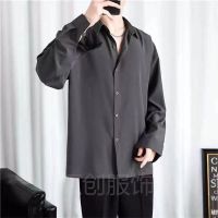 【Ready】? Ice silk shirt mens thin Hong Kong style handsome high-end drape long-sleeved jacket loose half-short-sleeved solid color all-match shirt