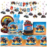 Monster Machines Anime Truck Theme Disposable Tableware Cardboard Plate Cup Napkin Balloon Kids Boys Girls Birthday Decoration