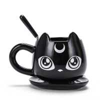 Cartoon Coffee Cups Black Cat Mug with Spoon Dishes Suit Creative Cute Ceramic Mugs Large Capacity Lovers Water Office Drinkware