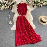 COD DSFGREYTRUYTU Chiffon Two-piece Beach Style Holiday Suit Female 2021 New Lace O-neck Sleeveless Short Top High-waist Slim-fit Pleated A-line Skirt Two-piece