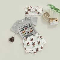 Infant Baby Unisex Casual Suit Short Sleeve Letter Animal Printed Romper Tops+Shorts+Headband Toddler Girl Boys Set  by Hs2023