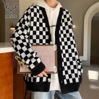 Hanlu Knit sweater male Korean version trend ins Hong Kong style loose V-neck sweater personality checkerboard cardigan jacket