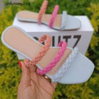 [asiutong2] Women Summer Square Head Hollow Flat Slippers Closed Toe Beach Sandals [SG]