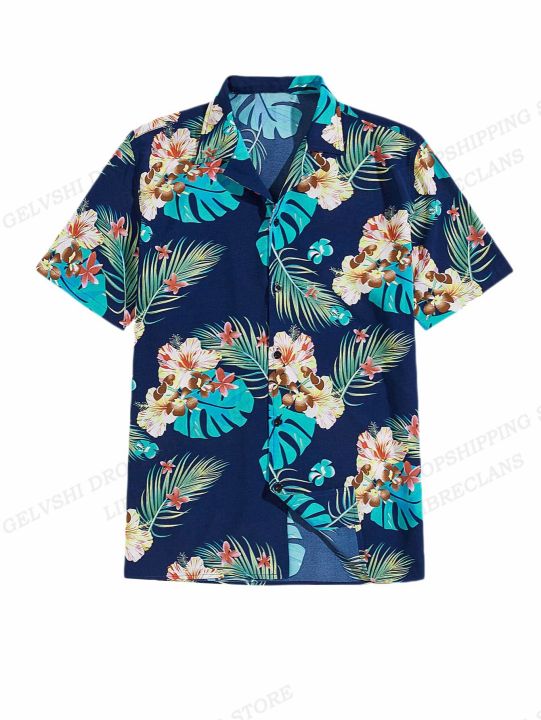 เสื้อแฟชั่นของผู้ชายเสื้อลายดอกไม้เสื้อพักผ่อนริมชายหาดฮาวายลำลองคอปกเสื้อคอปกแบบเปิดลง-aloha
