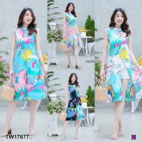 Set 2 ชิ้น เสื้อแขนกุดผ่าหน้า พิมลายใบไม้ + กางเกงขาสั้น NL17677