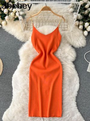 【YF】 Orange Chain 2023 Sexy Summer Knit Strap Dress Women Tank Elatic Waist Bodycon Sundress Female Beach Backless Midi