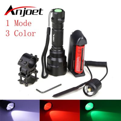 Hunting LED Flashlight Green Red Light Lighting Distance Tactical Lantern C8 Remote Pressure Switch Gun Mount battery charger