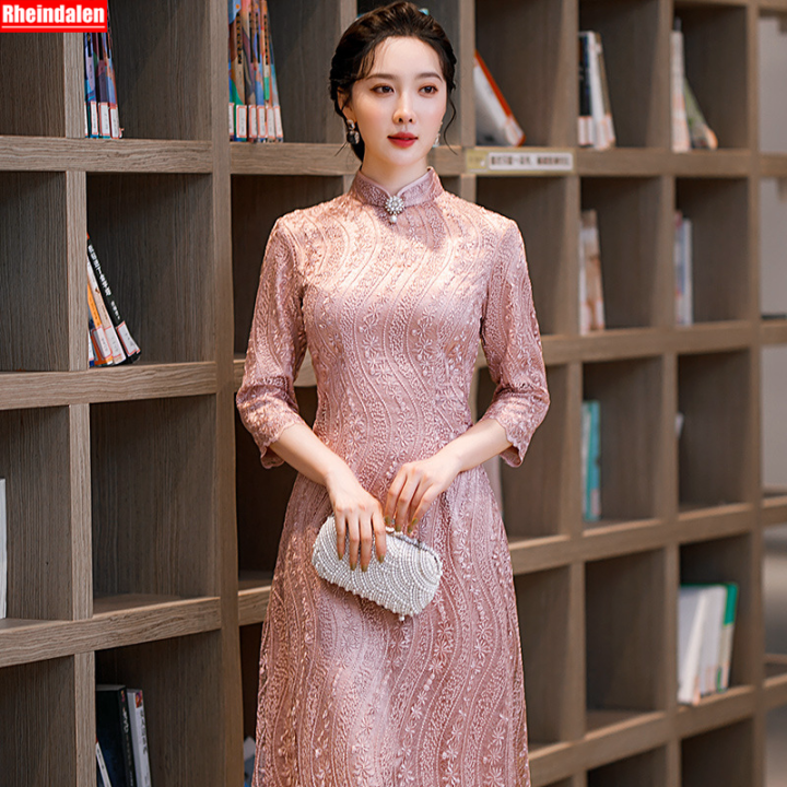 ใหม่ผู้หญิง-slim-แฟชั่น-retro-พิมพ์ลูกไม้ลูกปัดสีชมพู-cheongsam-จัดเลี้ยง-host-dress