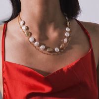 Layered Scallop Shell Pearl Link Choker Necklace